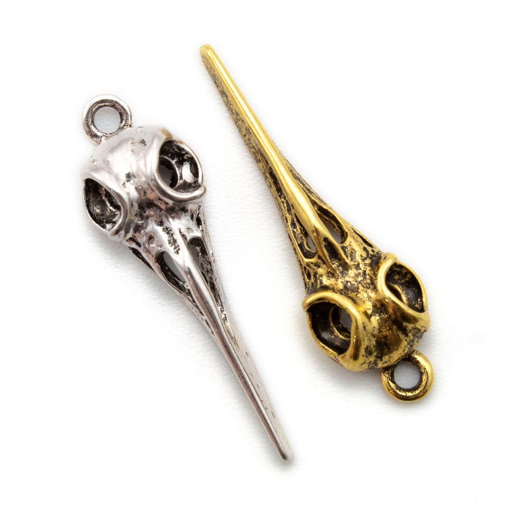 Pewter Bird Skull Pendant - Antique Gold or Antique Silver Finish - Single, Bulk, or Pendant Kits