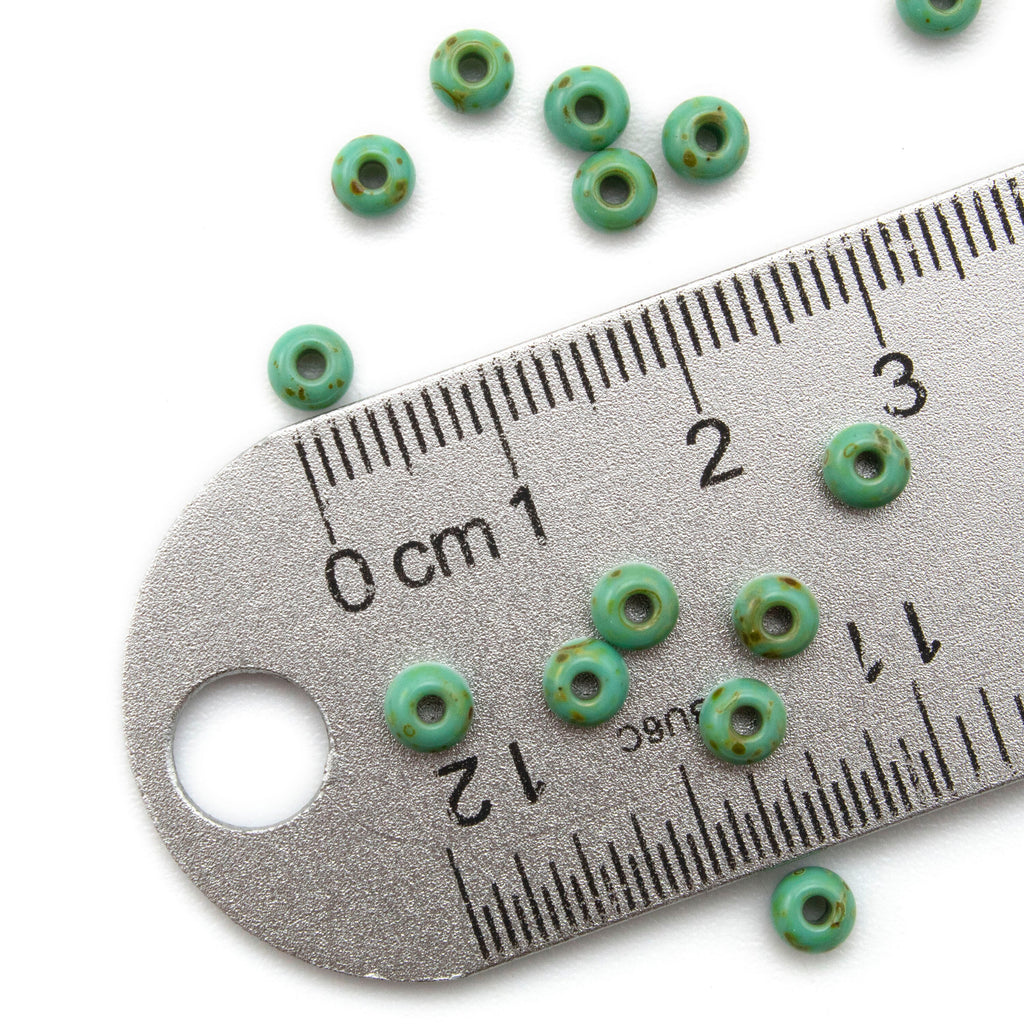 5/0 Turquoise Green Dark Travertine Czech Beads - 100% Guarantee 100 grams - 4.5mm X 3.1mm