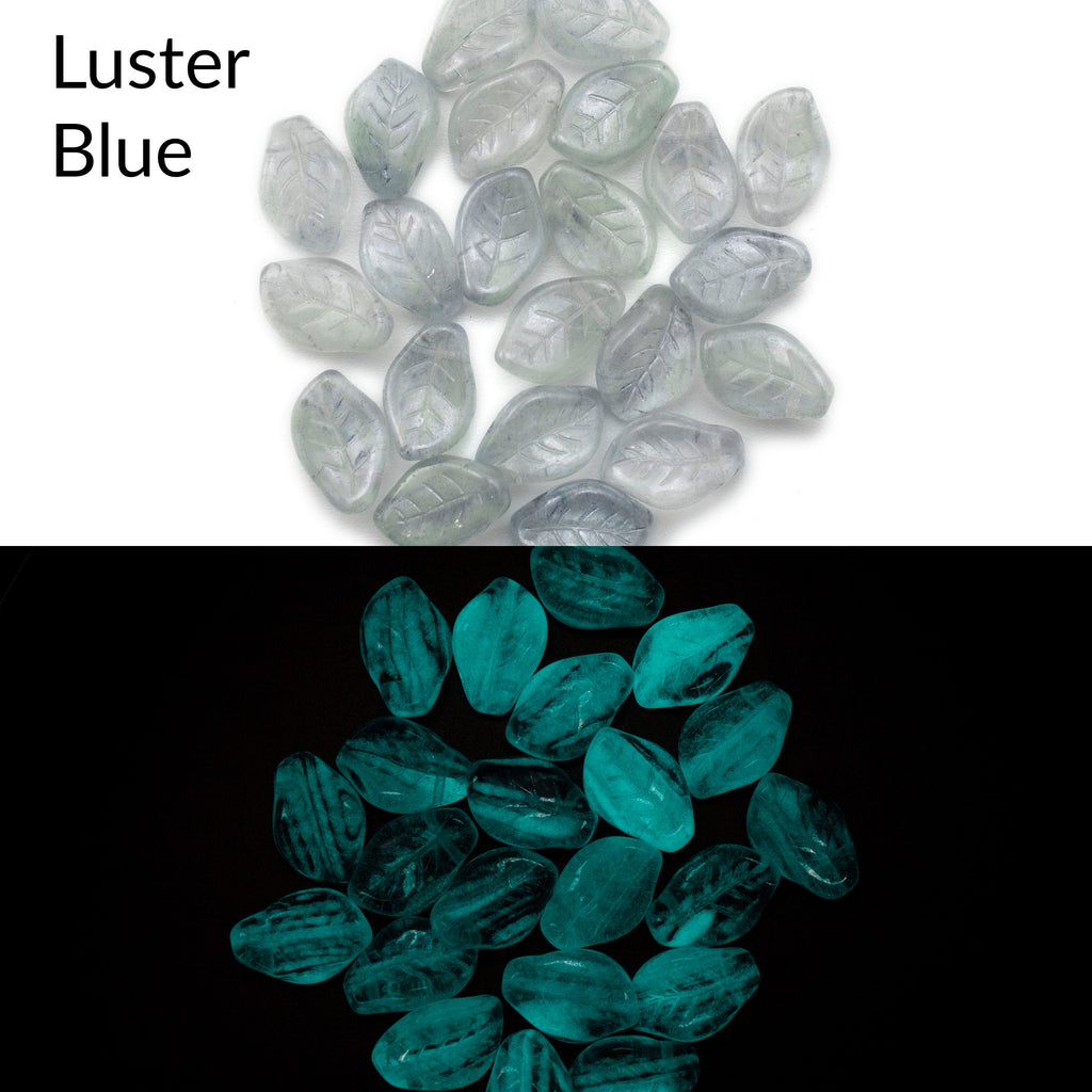 10 Glow in the Dark Czech Leaf Beads 14mm x 9mm - Crystal, Alexandrite, Sapphire, Topaz, Luster Priare Green, Luster Topaz Pink, Luster Blue