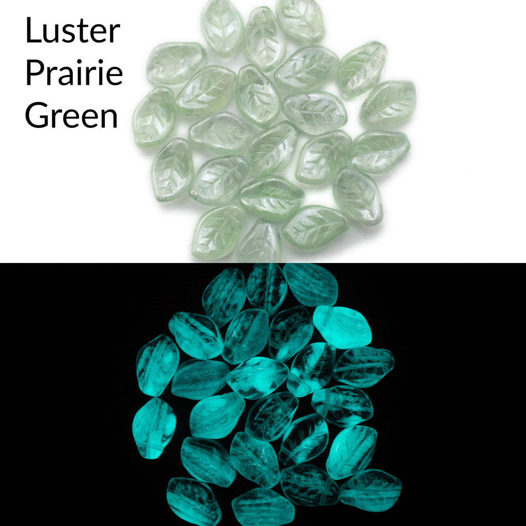 10 Glow in the Dark Czech Leaf Beads 14mm x 9mm - Crystal, Alexandrite, Sapphire, Topaz, Luster Priare Green, Luster Topaz Pink, Luster Blue