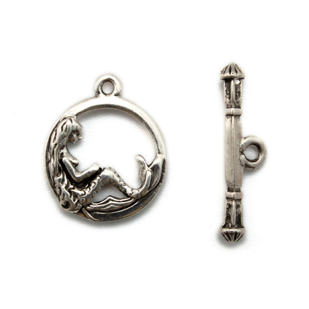 1 Circular Mermaid Toggle Clasp in Antique Silver Plated Pewter - 17mm - 100% Guarantee
