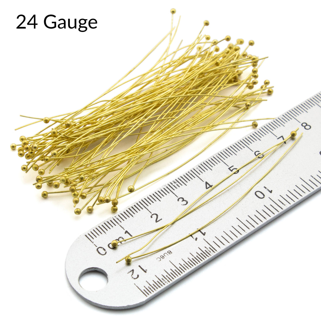 100 Raw Brass Ball Head Pins - 22 and 24 gauge - 3 inches