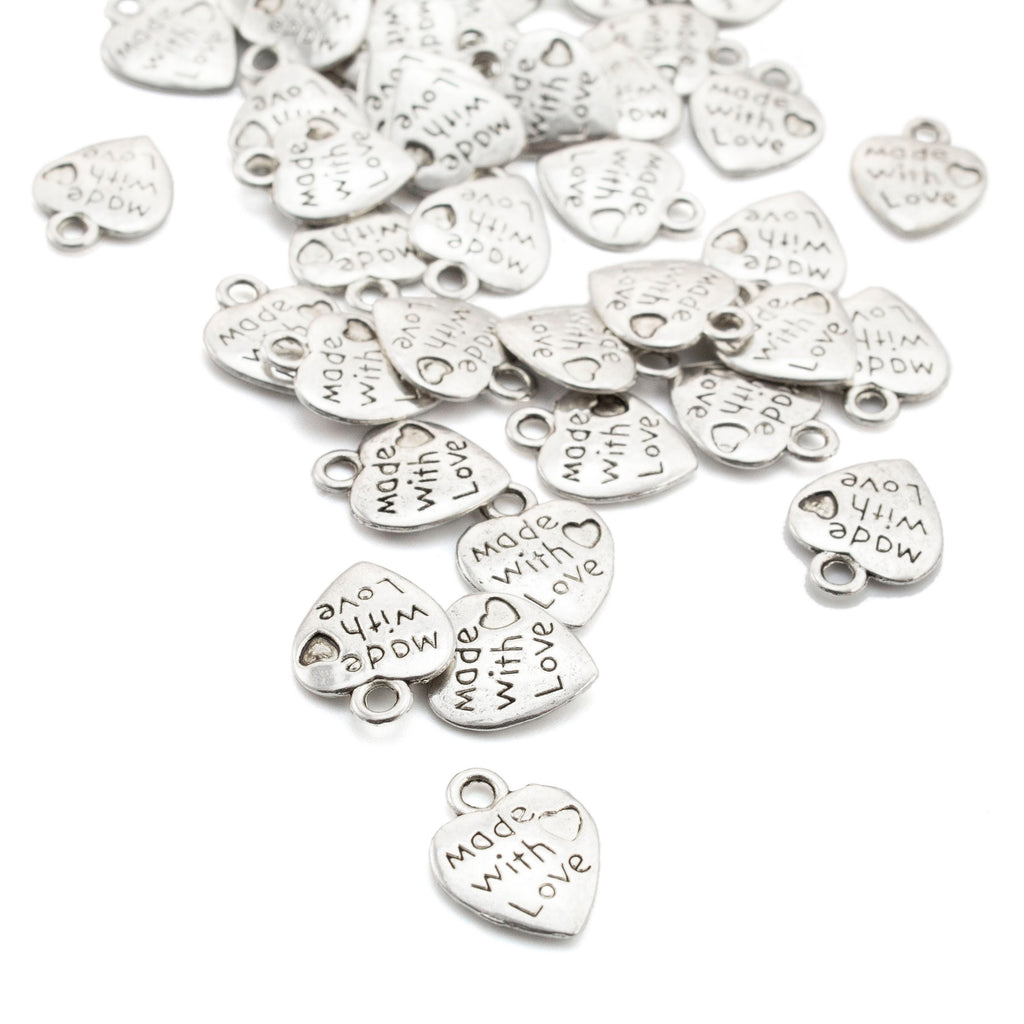 Made with Love Heart Shaped Charms - Antique Silver Plated - 12mm X 10mm - 100% Guarantee
