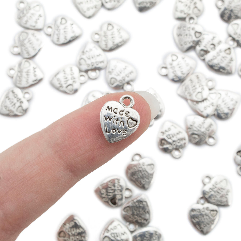Made with Love Heart Shaped Charms - Antique Silver Plated - 12mm X 10mm - 100% Guarantee