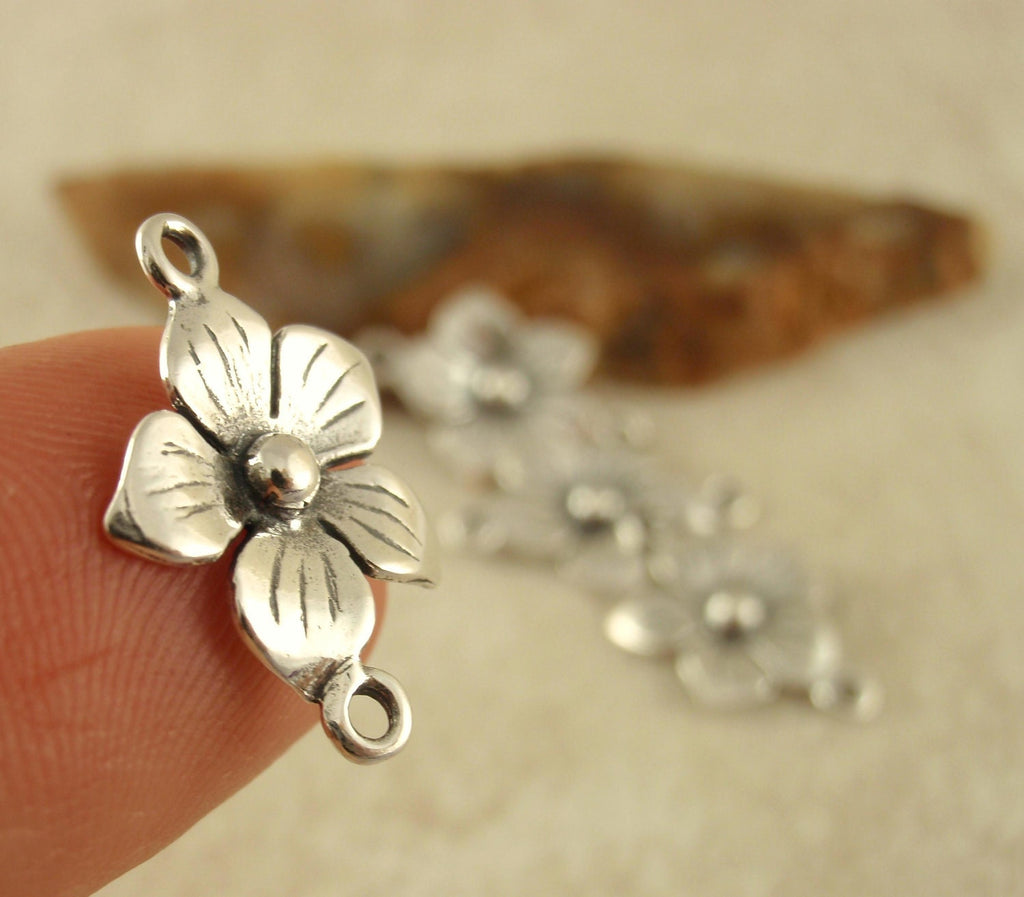 2 Five Petal Flower Links - Antique Sterling Silver - 11mm - 100% Guarantee