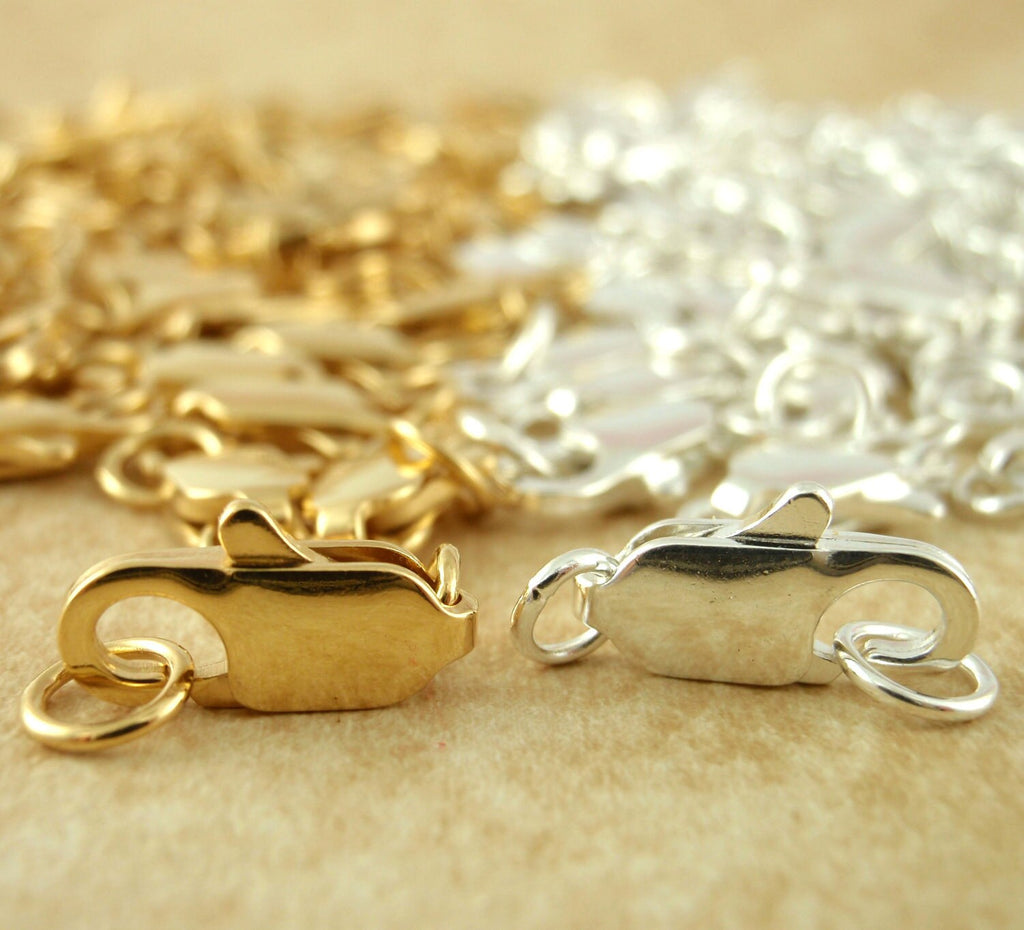 5 Flat Lobster Clasps with Jump Rings - Small 12mm X 5mm - Copper, Gunmetal, Silver, Gold, or Antique Gold Plated Brass