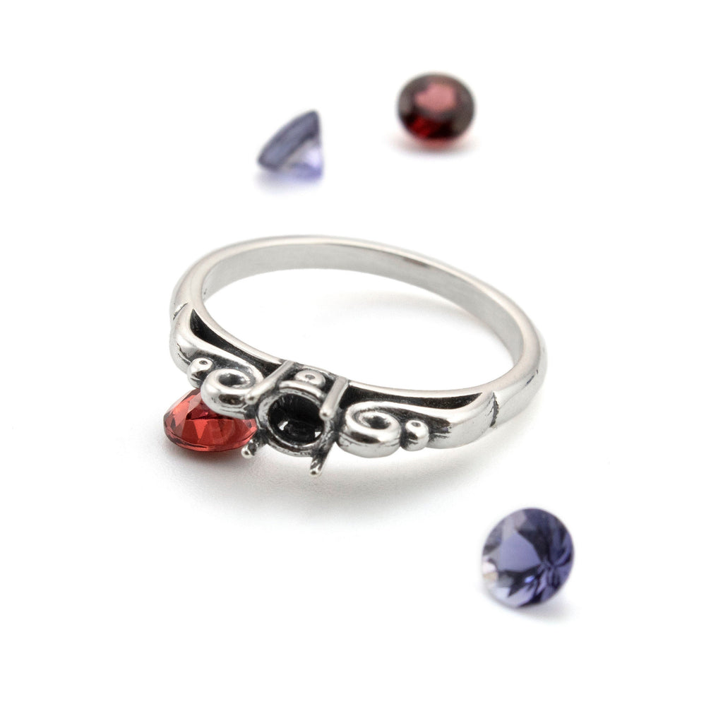 Scroll Sterling Silver Ring Setting - 4mm, 5mm, and 8mm Mountings for Easy DIY Gift in Size 7 or 8