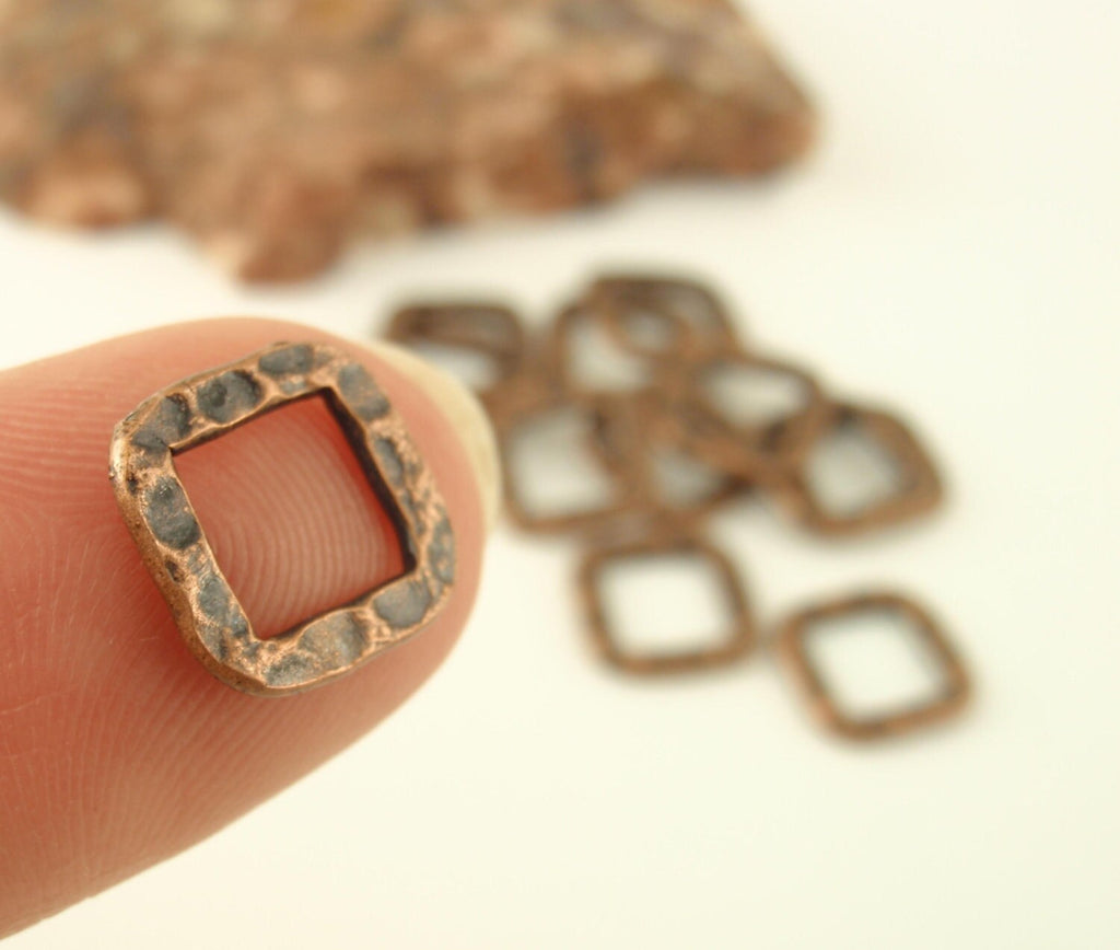 7 Hammered Square Components  - 10mm Silver Plate, Gold Plate, Copper, Antique Copper 100% Guarantee