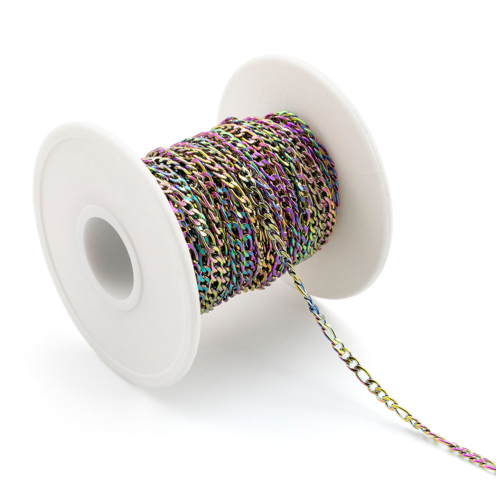 3mm Figaro Chain in Rainbow Anodized Surgical Steel - By the Foot or Finished Necklace Chain