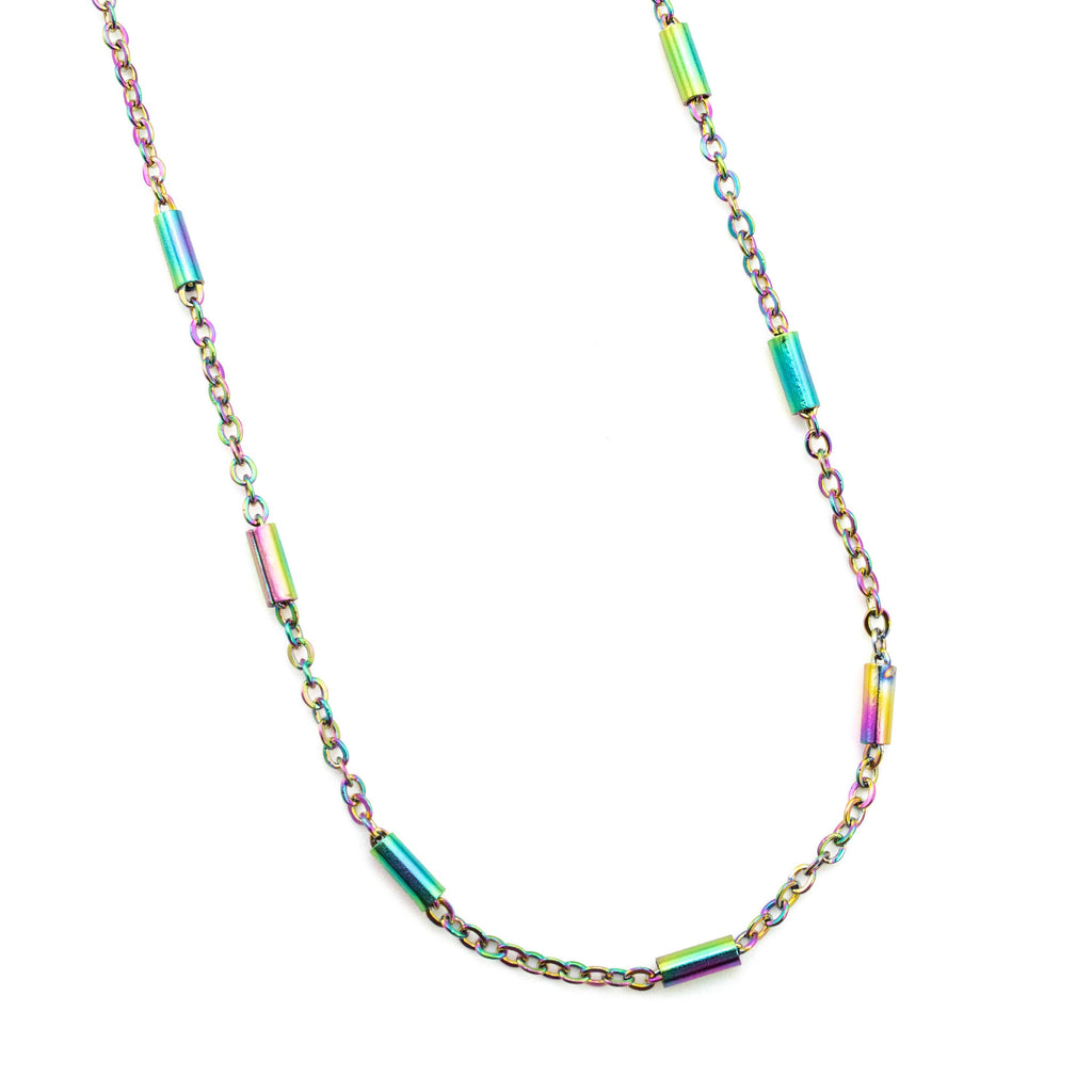 2mm Cable Chain with Tube Beads in Rainbow Anodized Surgical Steel - By the Foot or Finished Necklace