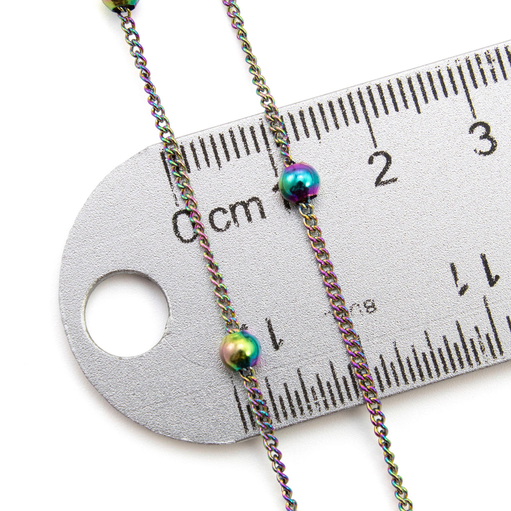 1.4mm Curb Chain with Round Beads in Rainbow Anodized Surgical Steel - By the Foot or Finished Necklace