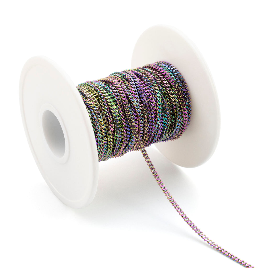 2mm Diamond Cut Curb Chain in Rainbow Anodized Surgical Steel - By the Foot or Finished Necklace