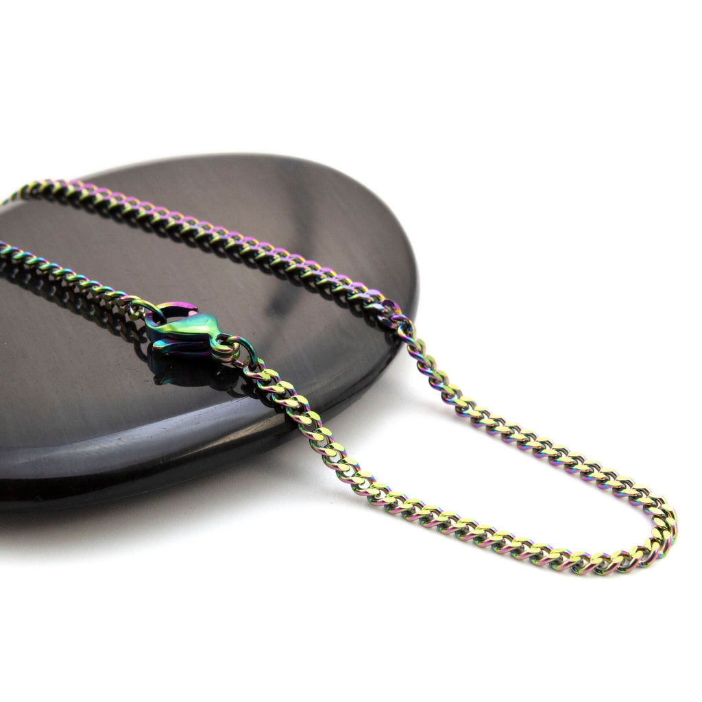 2mm Diamond Cut Curb Chain in Rainbow Anodized Surgical Steel - By the Foot or Finished Necklace