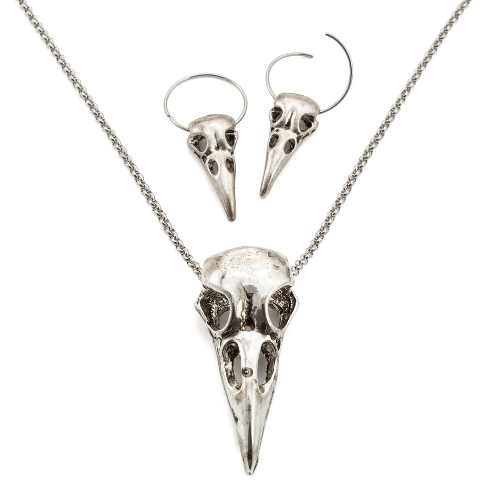 3D Raven Skull Earrings and Necklace in Antique Silver and Stainless Steel