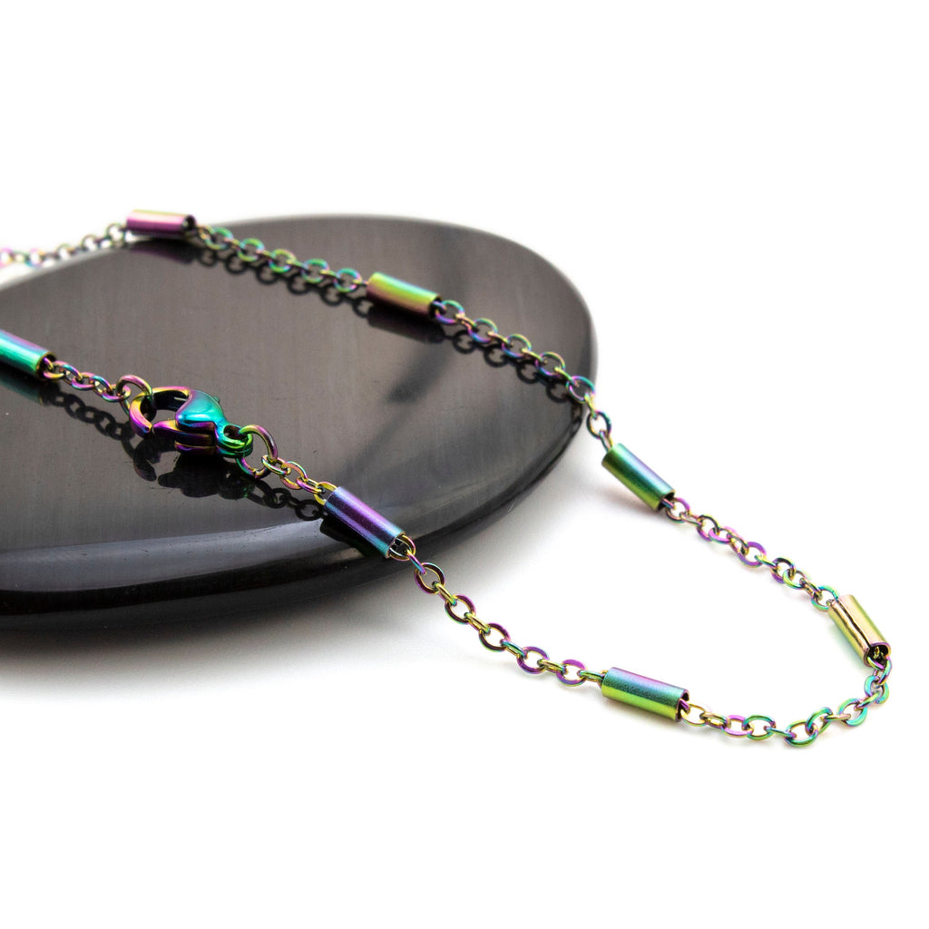 2mm Cable Chain with Tube Beads in Rainbow Anodized Surgical Steel - By the Foot or Finished Necklace
