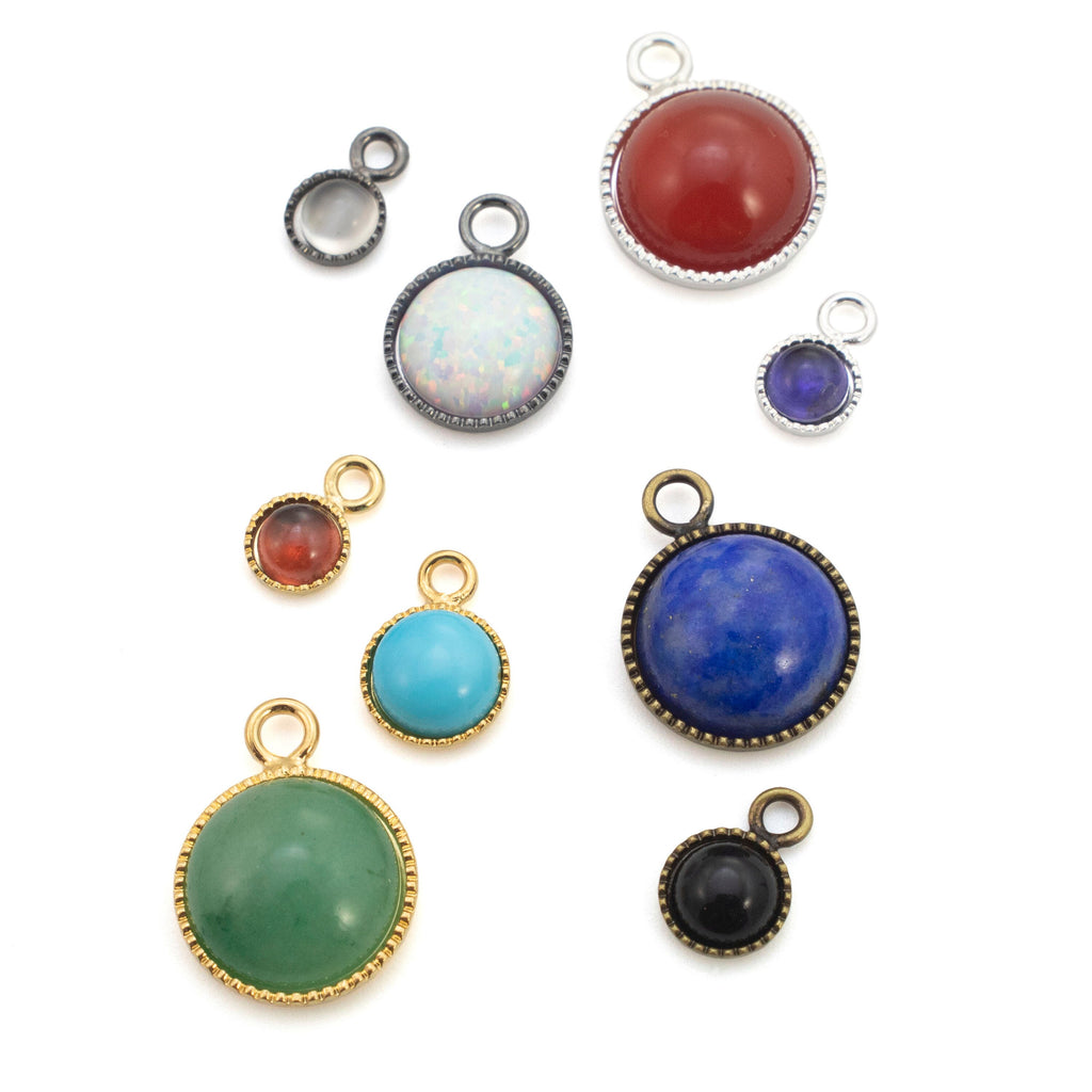 4 Round Bezel Cup Charms - Solid Back Bezel Drops with Beaded Edge 4mm, 6mm, 8mm, 10mm - Silver Plate, Gold Plate, Gunmetal, Antique Gold