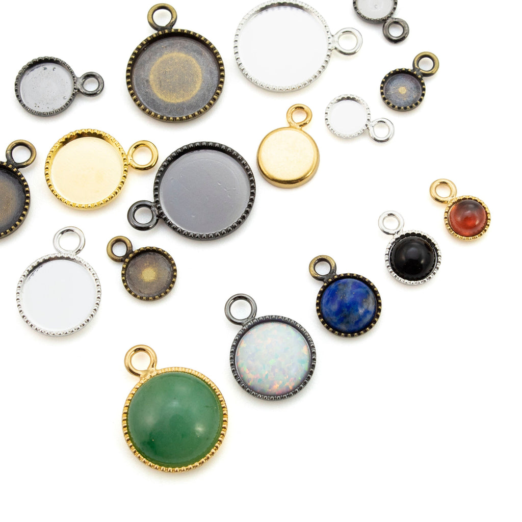4 Round Bezel Cup Charms - Solid Back Bezel Drops with Beaded Edge 4mm, 6mm, 8mm, 10mm - Silver Plate, Gold Plate, Gunmetal, Antique Gold