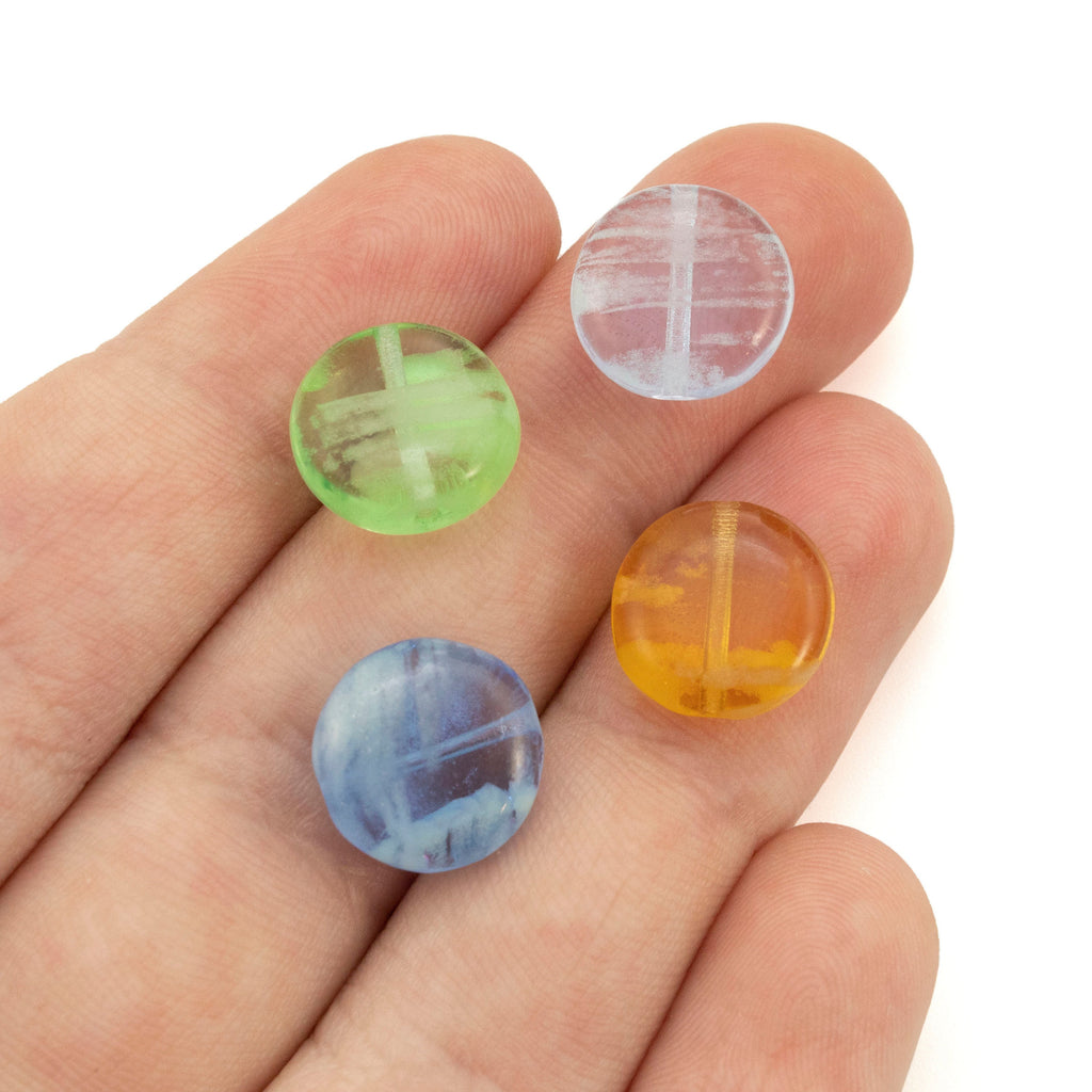 5 - 12mm Glow in the Dark Coin Beads - Czech Pressed Glass Flattened Rounds in Sapphire, Peridot, Topaz, Alexandrite