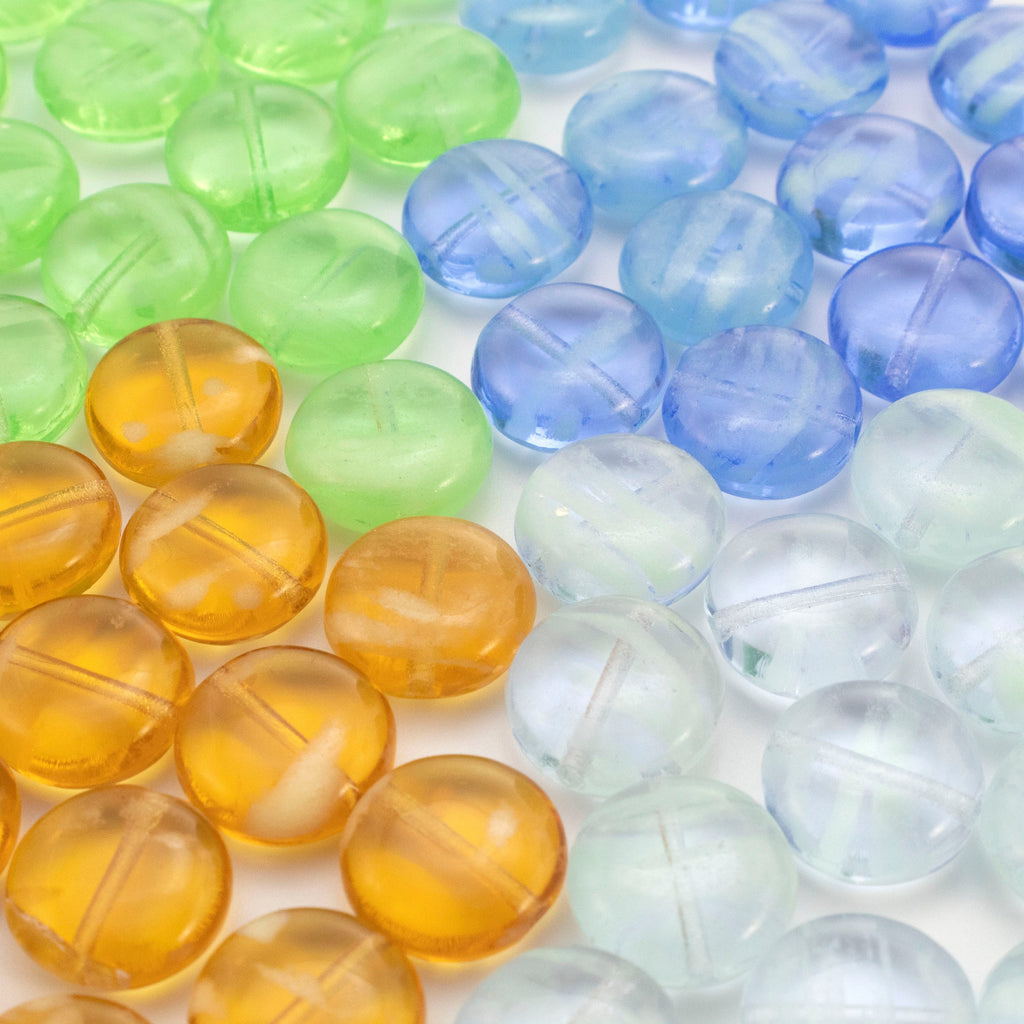 5 - 12mm Glow in the Dark Coin Beads - Czech Pressed Glass Flattened Rounds in Sapphire, Peridot, Topaz, Alexandrite