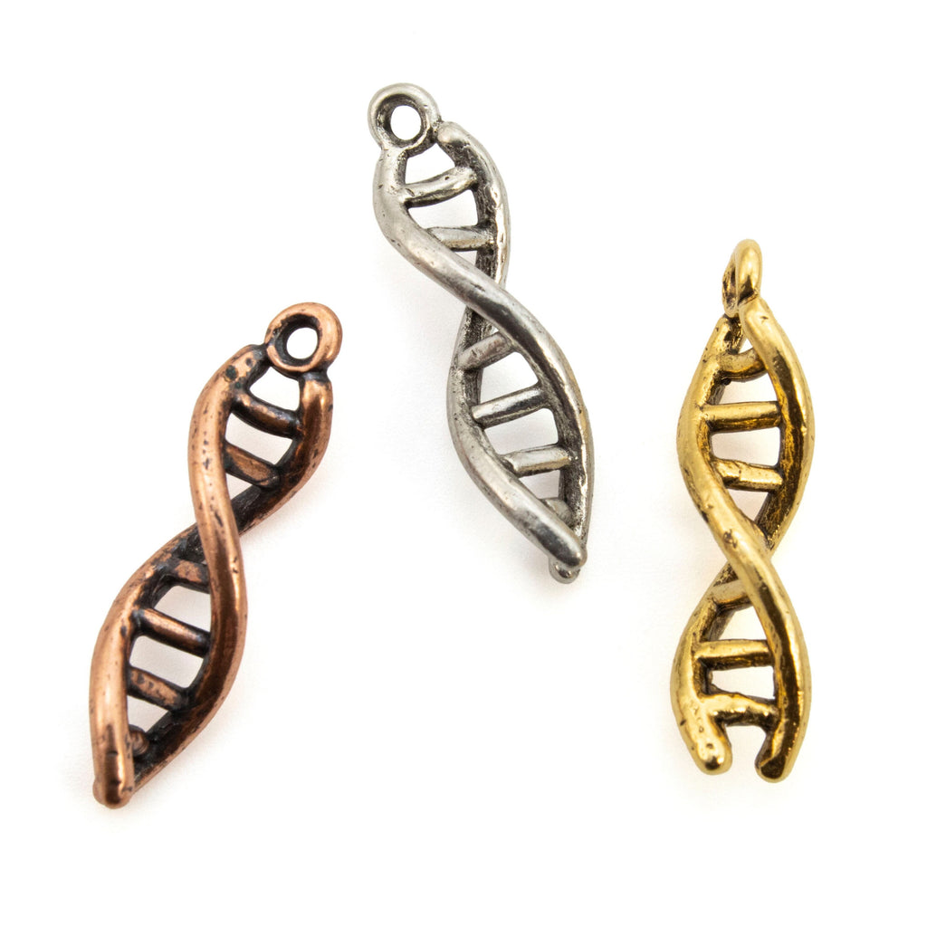 DNA Strand Charms in Antique Silver, Antique Gold, Antique Copper - 100% Guarantee