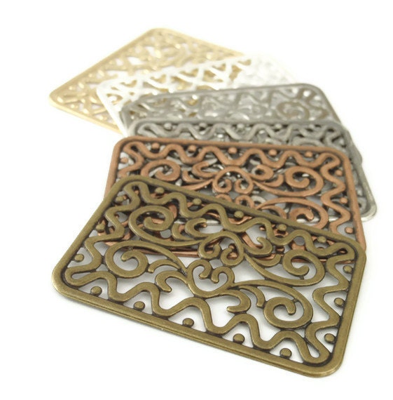 1 Large Rectangle Filigree Focal - 49mm x 32mm in Silver Plate, Antique Silver, Gold Plate, Antique Gold, Antique Copper or Gunmetal