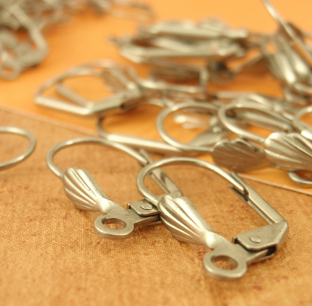 5 Pairs Surgical Stainless Steel Leverback Ear Wires with Shell Front - Also Silver Plate and Gold Plate