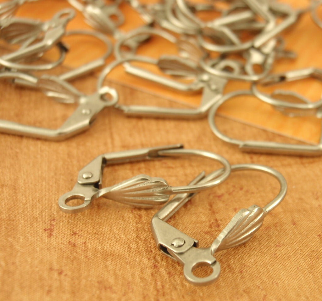 5 Pairs Surgical Stainless Steel Leverback Ear Wires with Shell Front - Also Silver Plate and Gold Plate