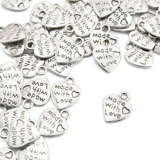 Made with Love Heart Shaped Charms - Antique Silver Plated - 12mm X 10mm - 100% Guarantee