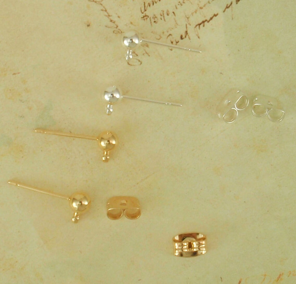 4 Pairs 4mm Ball Ear Posts with 0.75mm Loops in Silver Plate or Gold Plated with Optional Ear Backs - 100% Guarantee
