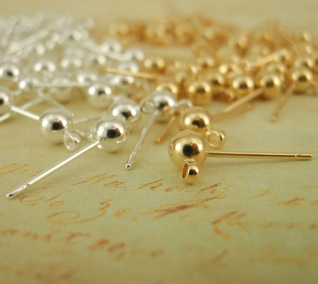 4 Pairs 3mm Ball Ear Posts with Loops in Silver or Gold Plate with Optional Ear Backs 100% Guarantee