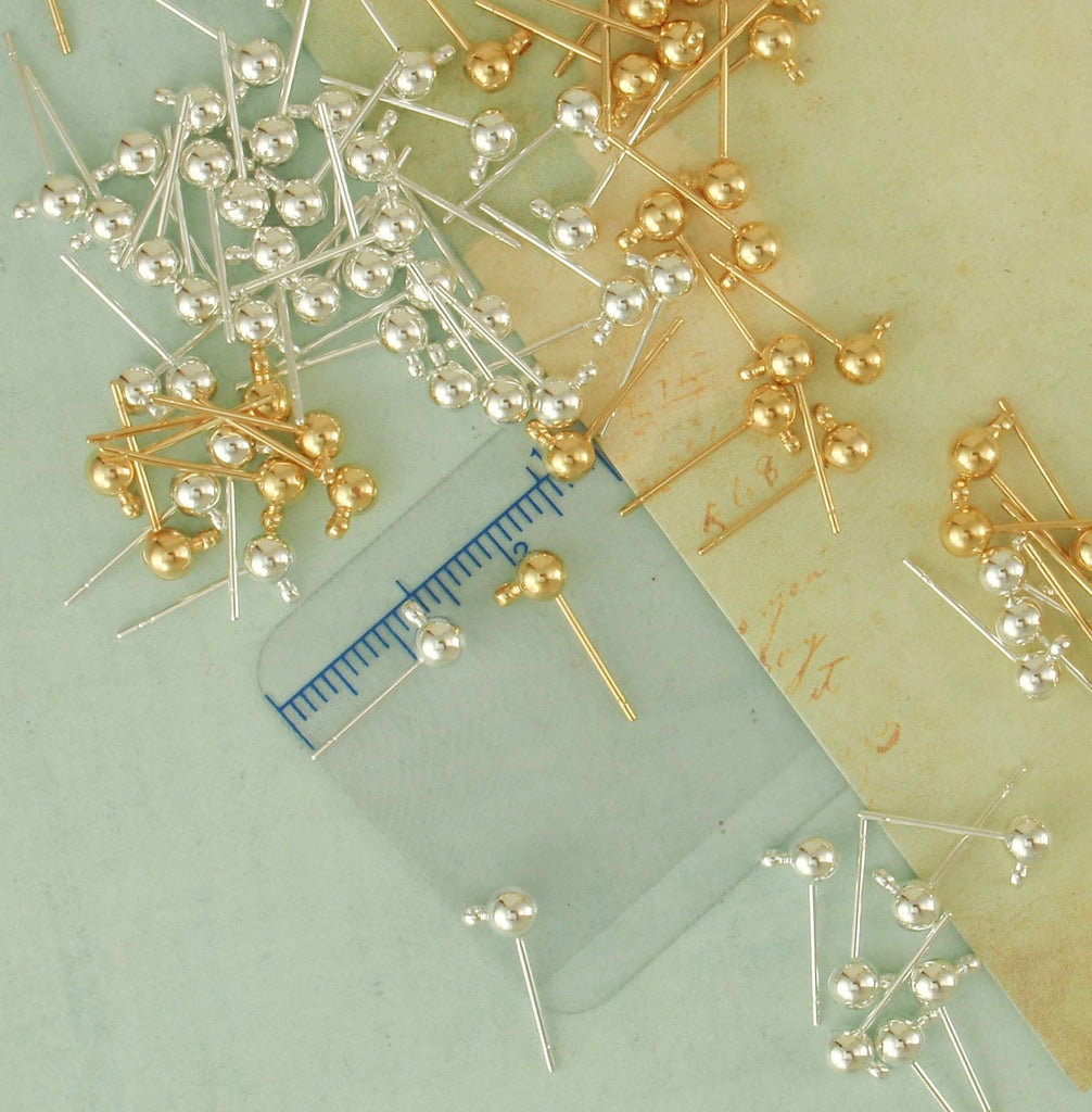 4 Pairs 4mm Ball Ear Posts with 0.75mm Loops in Silver Plate or Gold Plated with Optional Ear Backs - 100% Guarantee