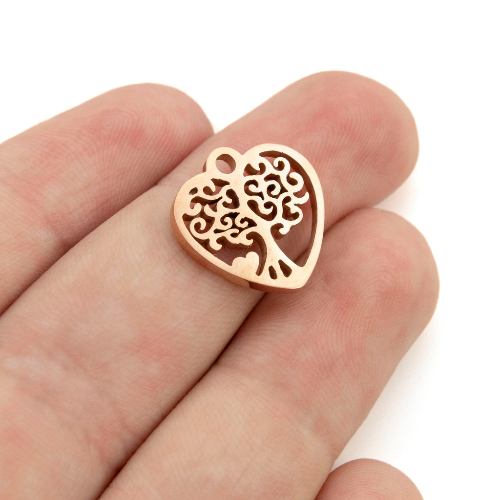 Clearance Sale 2 Rose Gold Plated Heart Charms with Filigree Tree Design