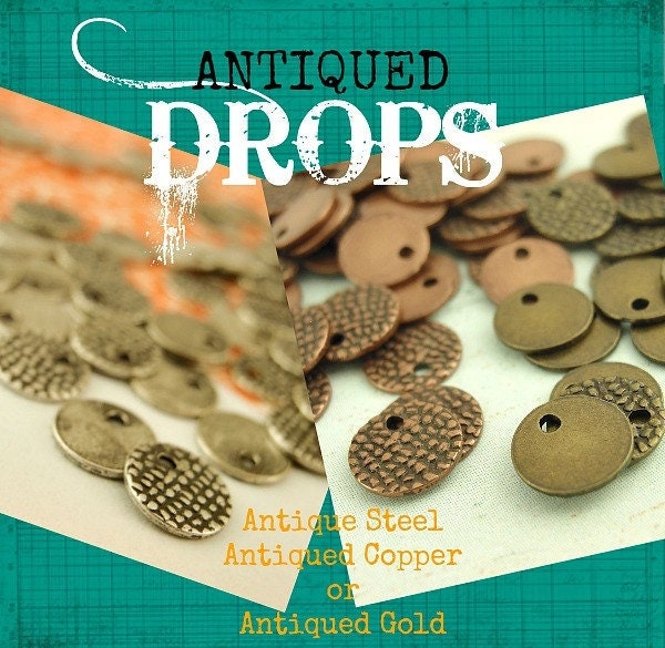 25 Antique Textured Charms - 7mm Drops - Antique Silver, Antique Copper or Antique Gold - 100% Guarantee
