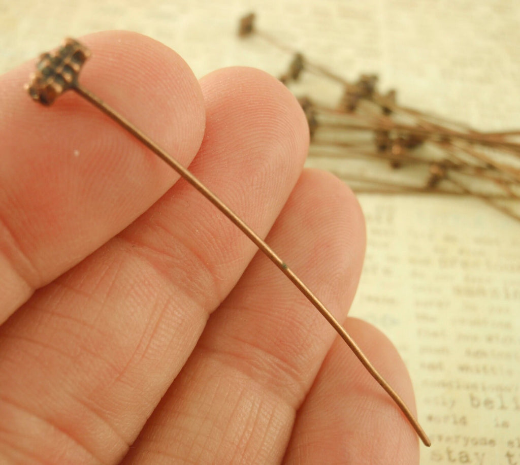 15 Fancy Square Head Pins - 21 gauge - 2 inches Long - 5mm Square Beaded Head - Antique Copper, Antique Silver Plate, Gold Plate