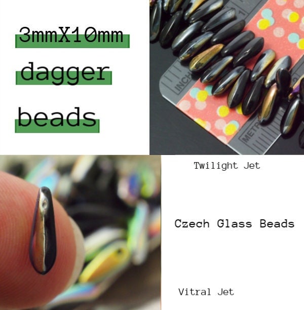 25 Dagger Beads 3mm X 10mm in Vitral Jet, Iris Green, Medium Topaz, Pearl Fuchsia, Ruby, Twilight Jet Czech Pressed Glass