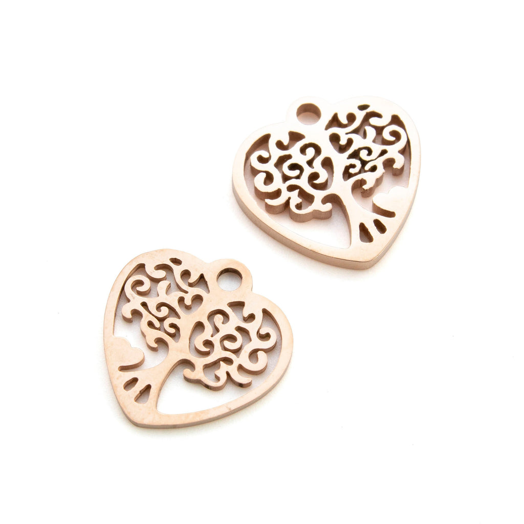 Clearance Sale 2 Rose Gold Plated Heart Charms with Filigree Tree Design