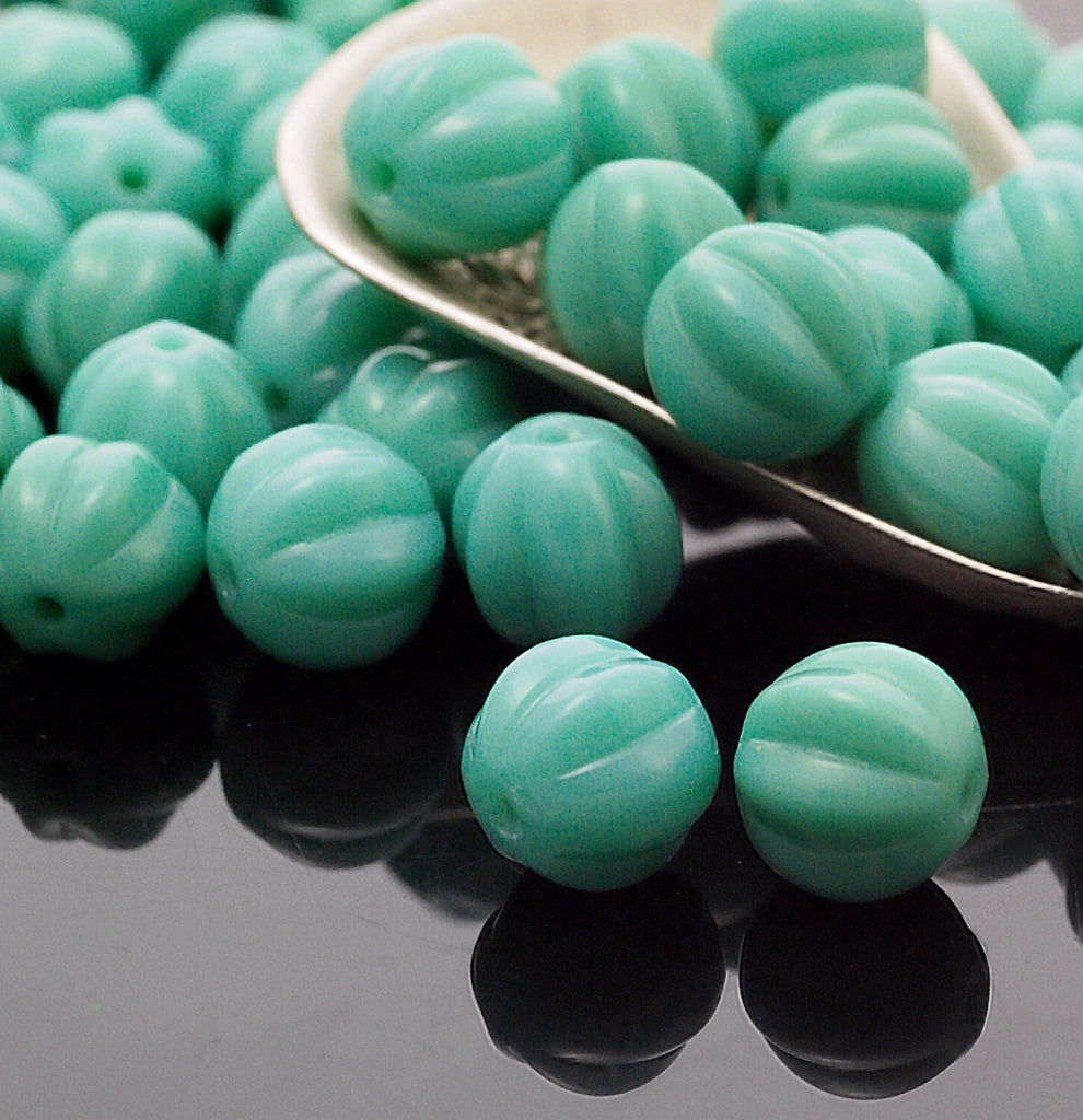 15 - 8mm Turquoise Melon Beads - Corrugated Czech Glass Rounds - 100% Guarantee