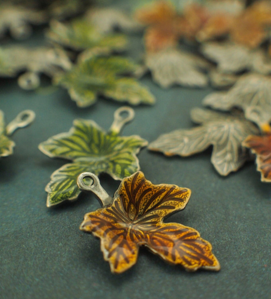20 Enameled Brown and Green Leaf Drops - Perfect for Bracelets and Earrings - 100% Guarantee