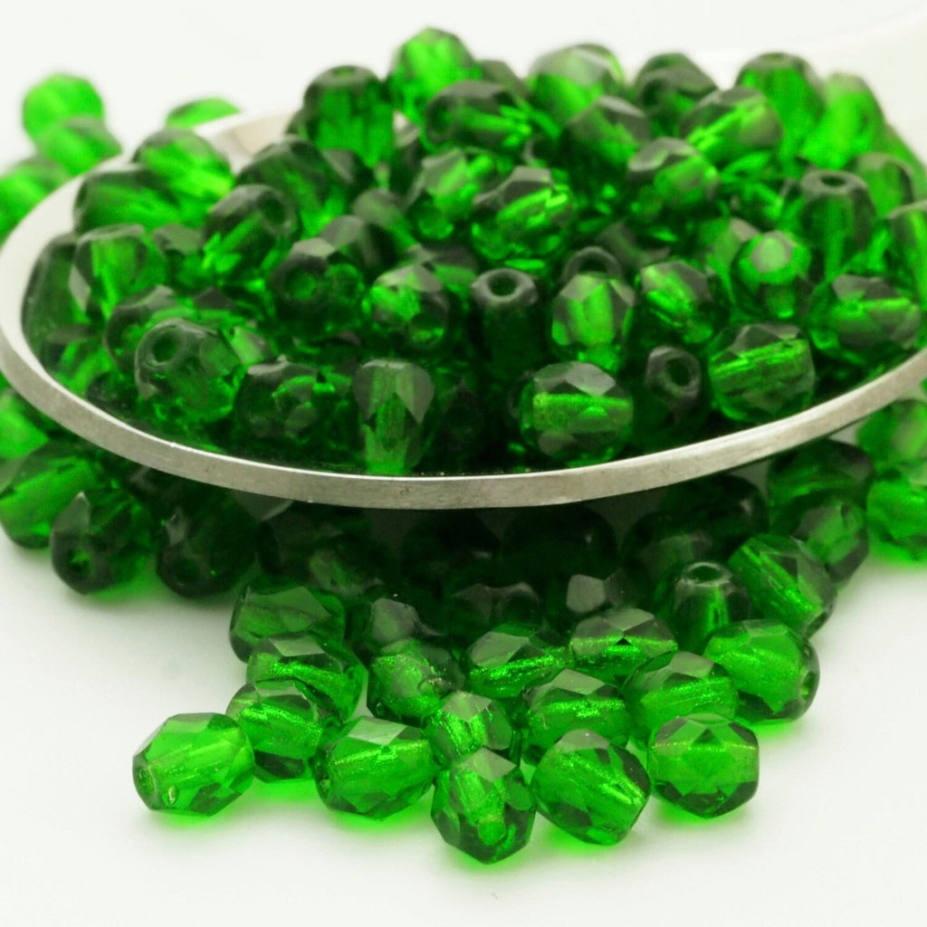 4 Grams - 4mm Green Emerald Czech Glass Beads - Faceted Rounds - 100% Guarantee