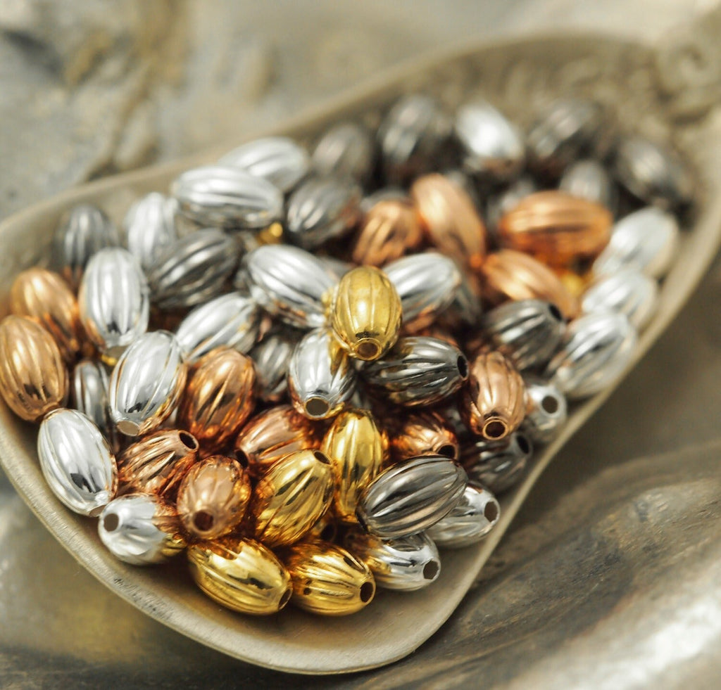 50 Corrugated Oval Beads - 5mm X 3mm in Silver Plate, Gold Plate, Copper Plate and Gunmetal - 100% Guarantee