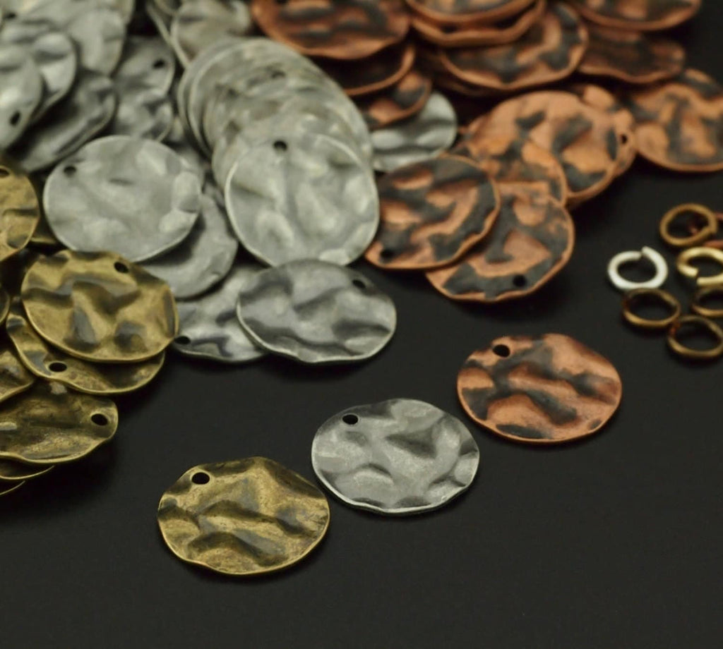 10 - Organic Textured Charms in Antique Silver, Antique Copper, Antique Gold in 10mm or 16mm - 100% Guarantee