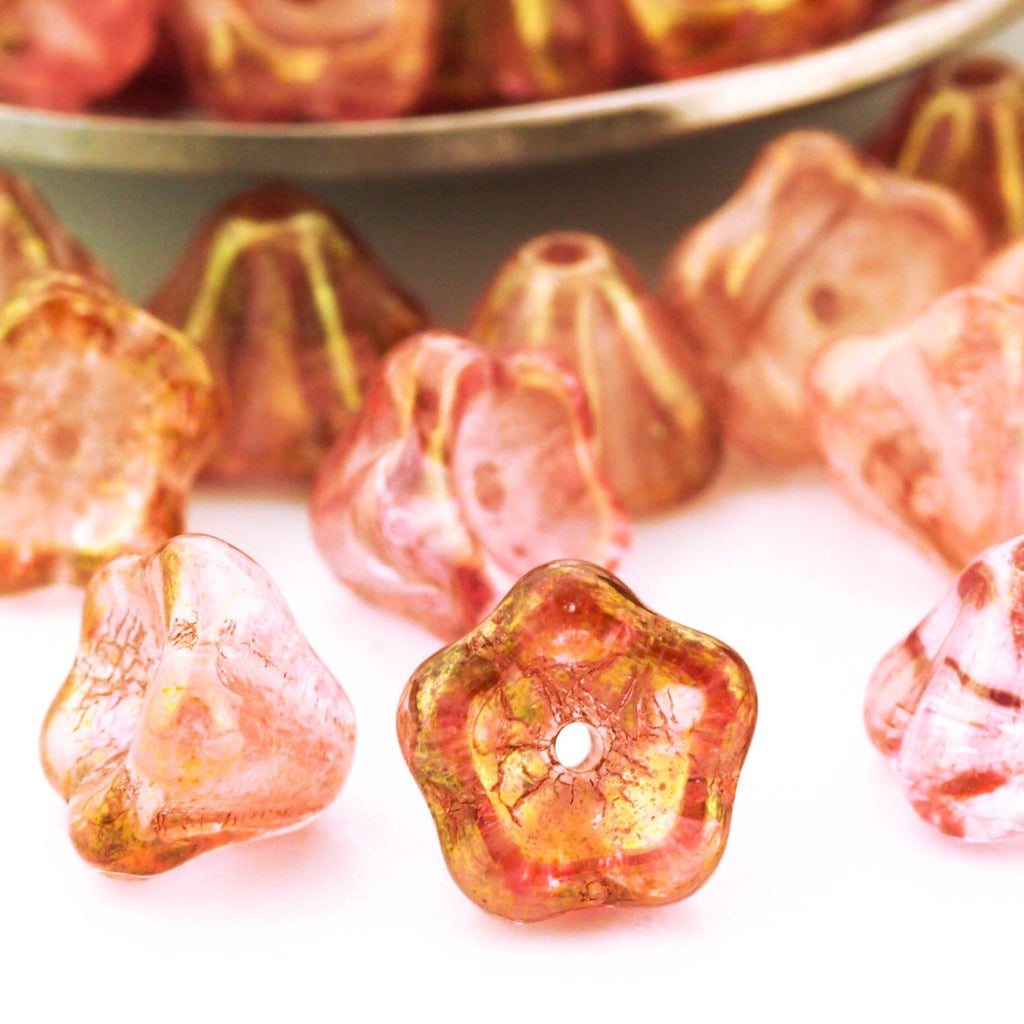 15 Glow in the Dark Luster Transparent Topaz Pink, Aquamarine, Sapphire Bell Flowers Czech Beads - 8mm x 6mm 100% Guarantee