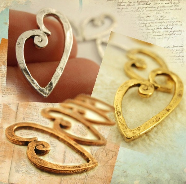 4 Textured Heart Charms  - 23mm X 13mm - Antique Copper