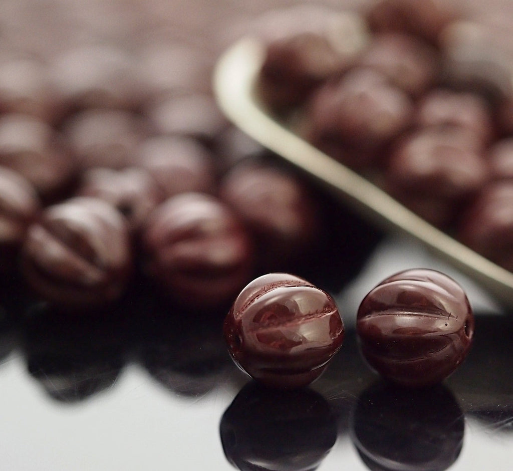 15 - 8mm Opaque Cocoa Brown Melon Beads - Corrugated Czech Glass Rounds