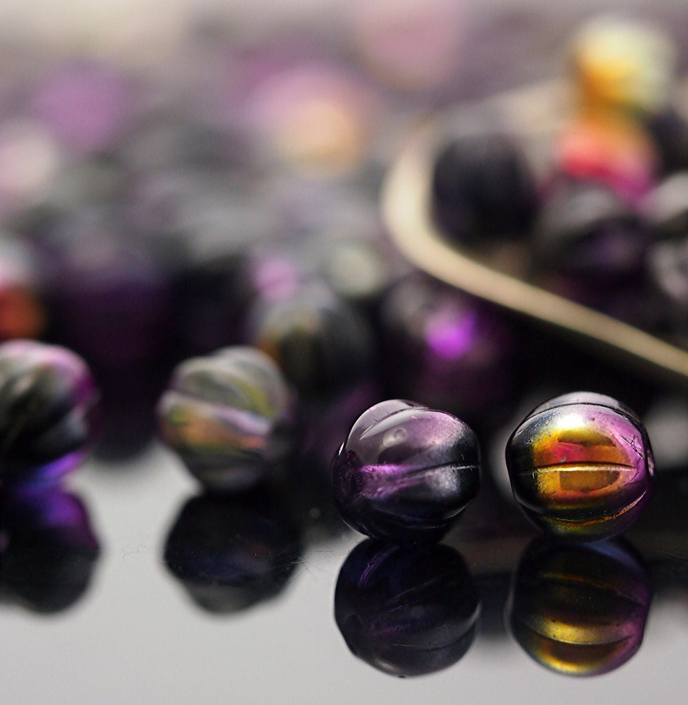 15 - 8mm Coated Marea Purple Jet Melon Beads - 100% Guarantee - Corrugated Czech Glass Rounds