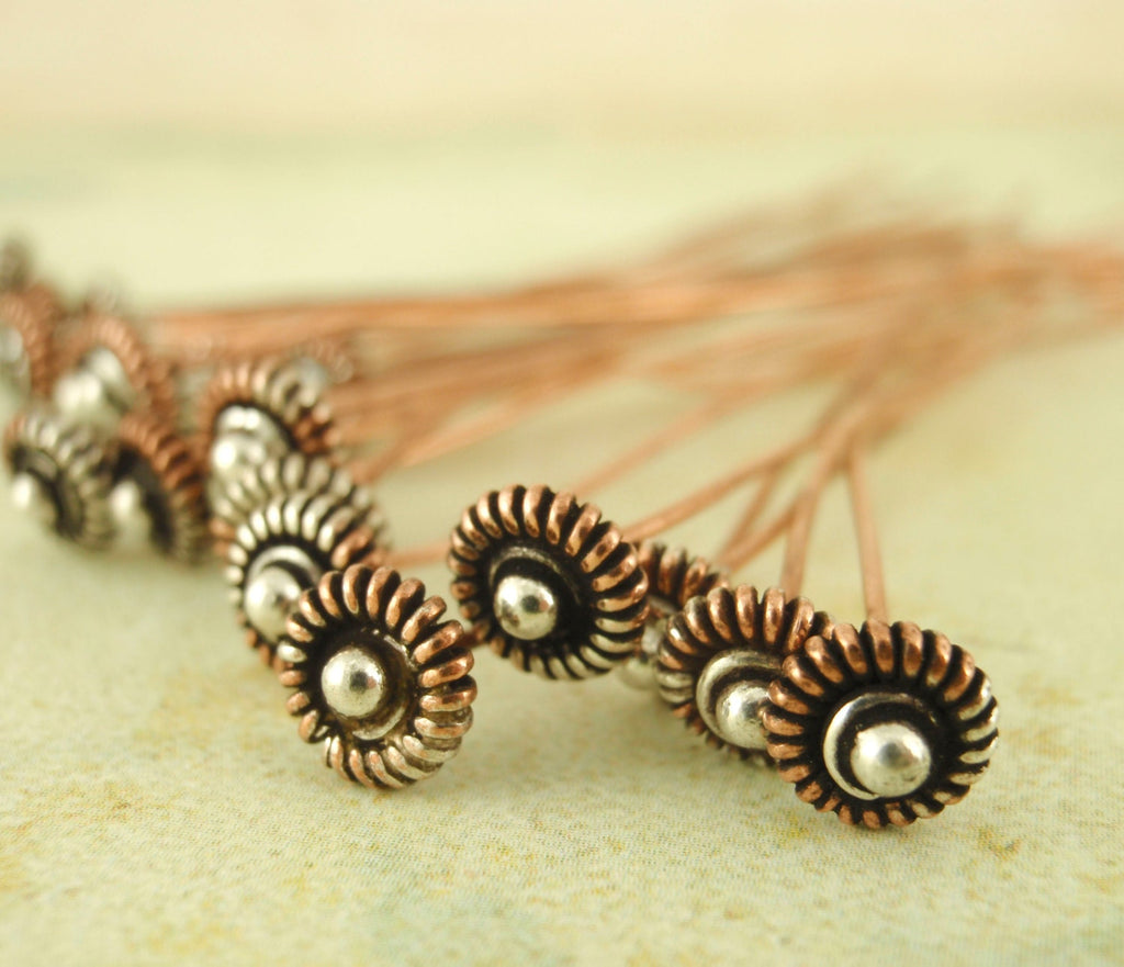 5 Fancy Antiqued Head Pins -  Sterling Silver and Copper - 21 gauge - 2  inches Long  - 5mm Round Beaded Head