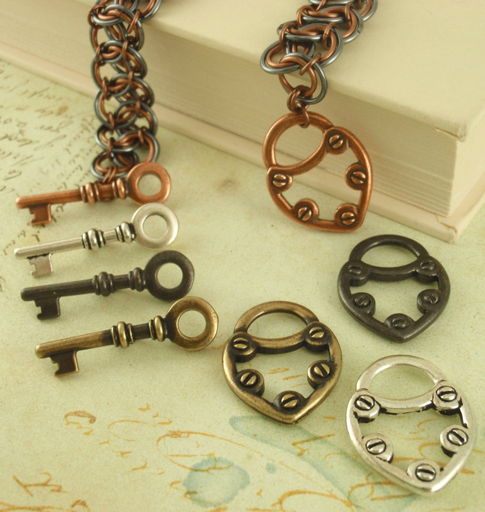 SALE 1 Key and Heart Toggle Clasp - 25mm - Gunmetal, Antiqued Copper, Antique Silver, or Antique Gold - 100% Guarantee