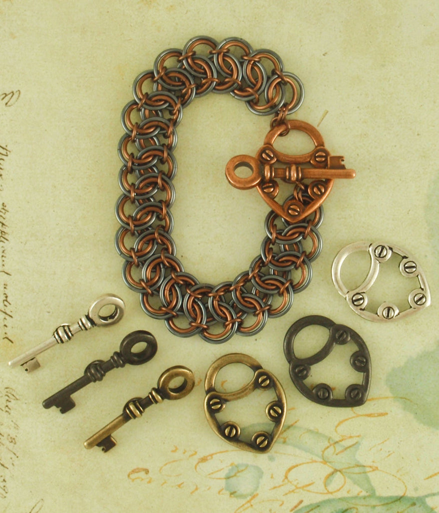 SALE 1 Key and Heart Toggle Clasp - 25mm - Gunmetal, Antiqued Copper, Antique Silver, or Antique Gold - 100% Guarantee