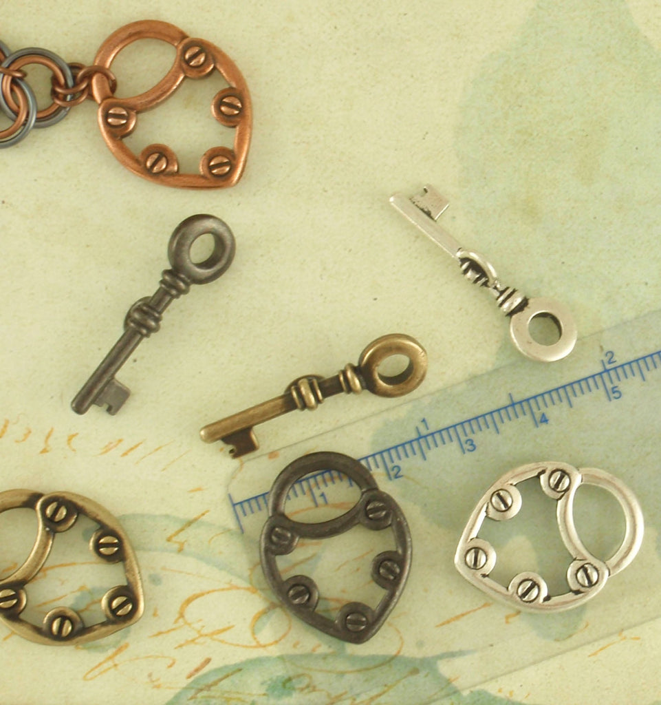 SALE 1 Key and Heart Toggle Clasp - 25mm - Gunmetal, Antiqued Copper, Antique Silver, or Antique Gold - 100% Guarantee