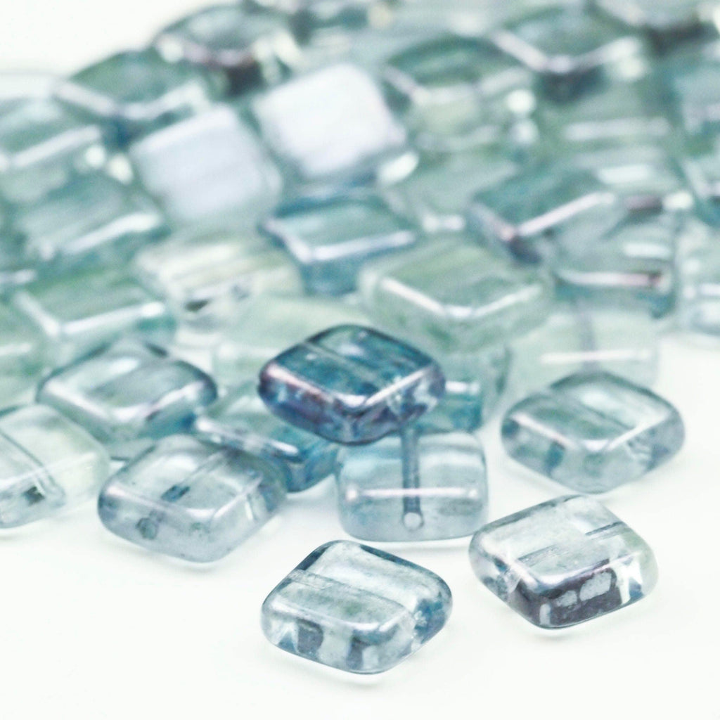 10 - 9mm Glow in the Dark Square Luster Transparent Blue Beads - Czech Pressed Glass - 100% Guarantee